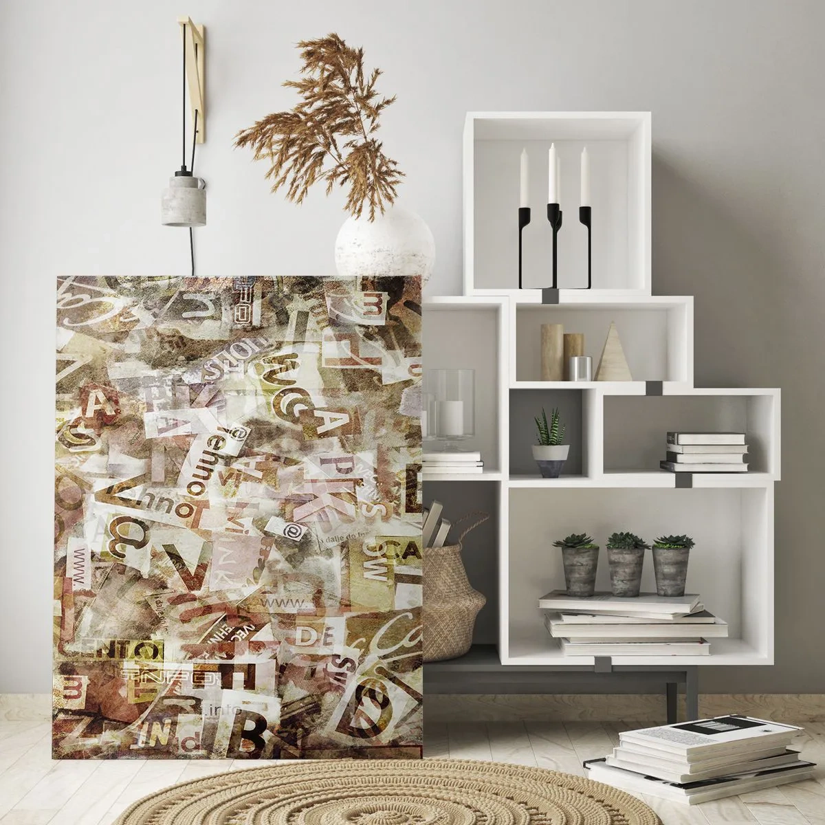 Impression sur verre - Image sur verre - Composition abstraite avec lettres et fragments de texte - 70x100cm - J'unifie le bavardage - Décoration murale moderne pour le salon et la chambre ARTTOR