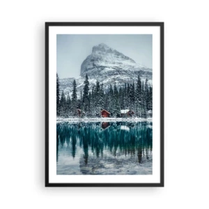 Affiche dans un cadre noir - Poster - Paysage d'hiver avec des chalets au bord du lac et une montagne en arrière-plan - 50x70cm - Retraite canadienne - Décoration murale moderne pour le salon et la chambre ARTTOR
