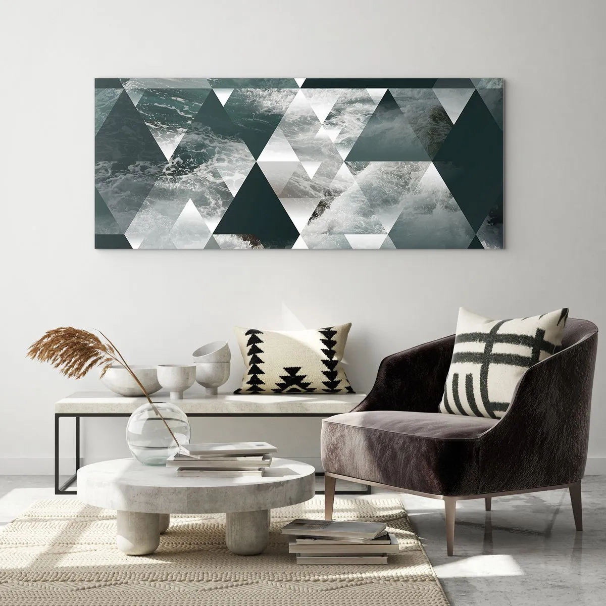 Impression sur verre - Image sur verre - Motif géométrique avec un motif de vagues dans des tons de vert - 140x50cm - Point de vue de cristal - Décoration murale moderne pour le salon et la chambre ARTTOR
