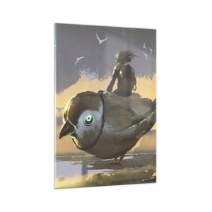 Impression sur verre - Image sur verre - Cavalier sur un oiseau géant dans un paysage surréaliste - 70x100cm - Un arrêt sur un voyage fantastique - Décoration murale moderne pour le salon et la chambre ARTTOR