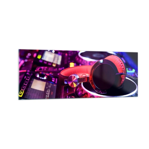 Impression sur verre - Image sur verre - Casque DJ sur une console avec éclairage néon - 140x50cm - Avant que le plaisir ne commence - Décoration murale moderne pour le salon et la chambre ARTTOR