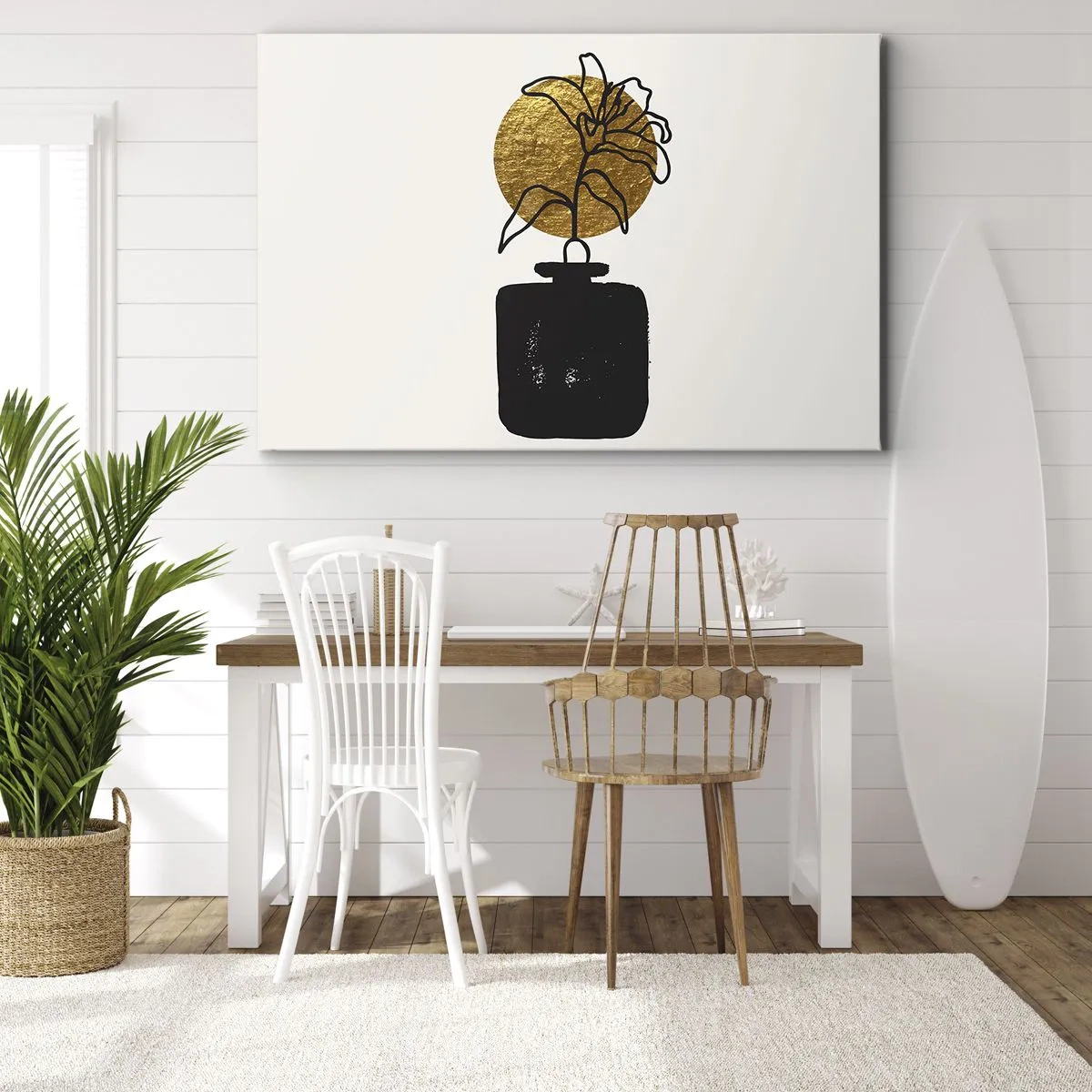 Impression sur toile - Image sur toile - Un dessin d'une fleur dans un vase sur un fond de cercle doré - 70x50cm - La beauté vaut son pesant d'or - Décoration murale moderne pour le salon et la chambre ARTTOR