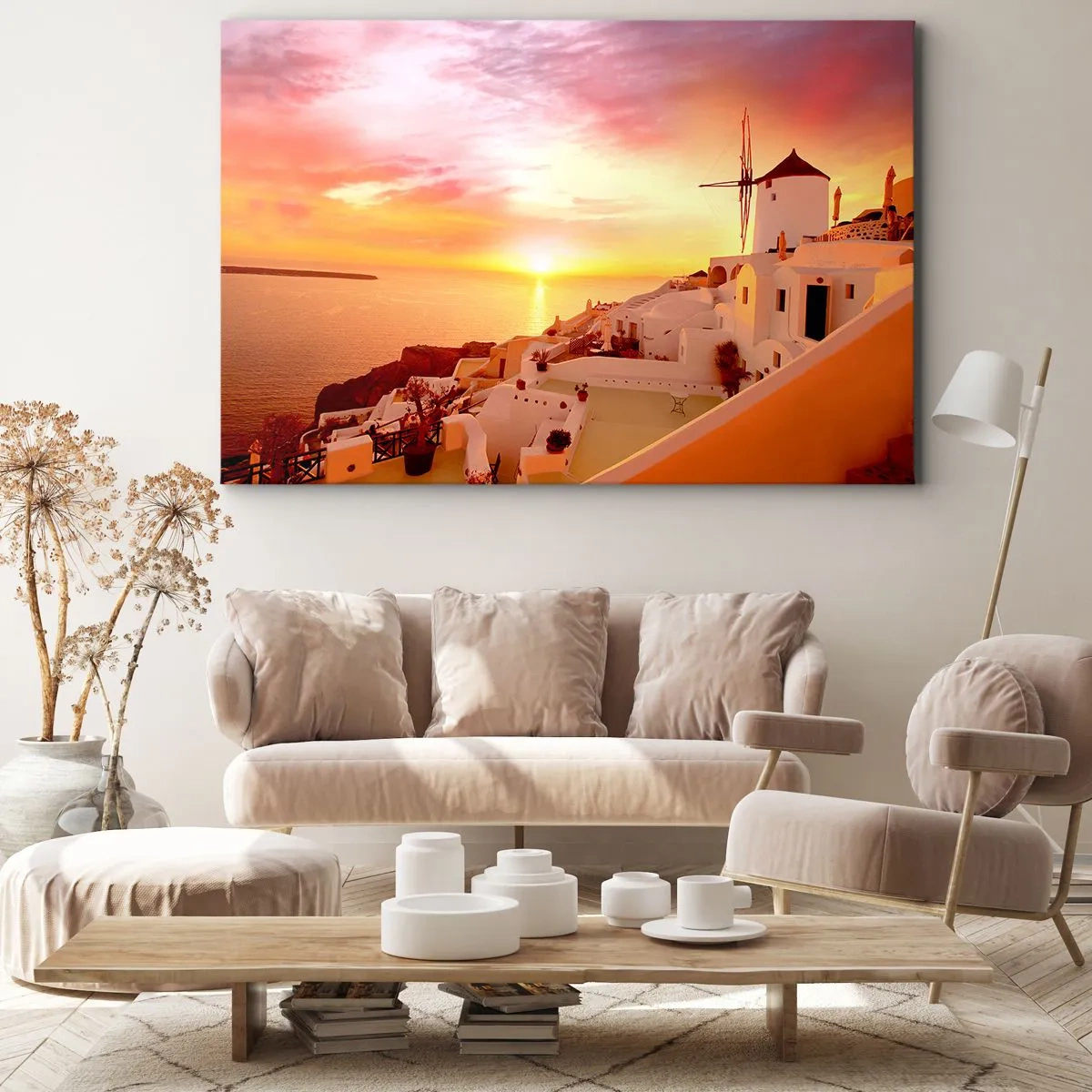 Impression sur toile - Image sur toile - Santorin au coucher du soleil avec un moulin à vent - 70x50cm - Fondre en blanc et or - Décoration murale moderne pour le salon et la chambre ARTTOR