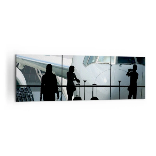 Impression sur toile - Image sur toile - Aéroport avec des silhouettes de personnes et une vue de l'avion - 160x50cm - Vis-à-vis de l'aéroport - Décoration murale moderne pour le salon et la chambre ARTTOR