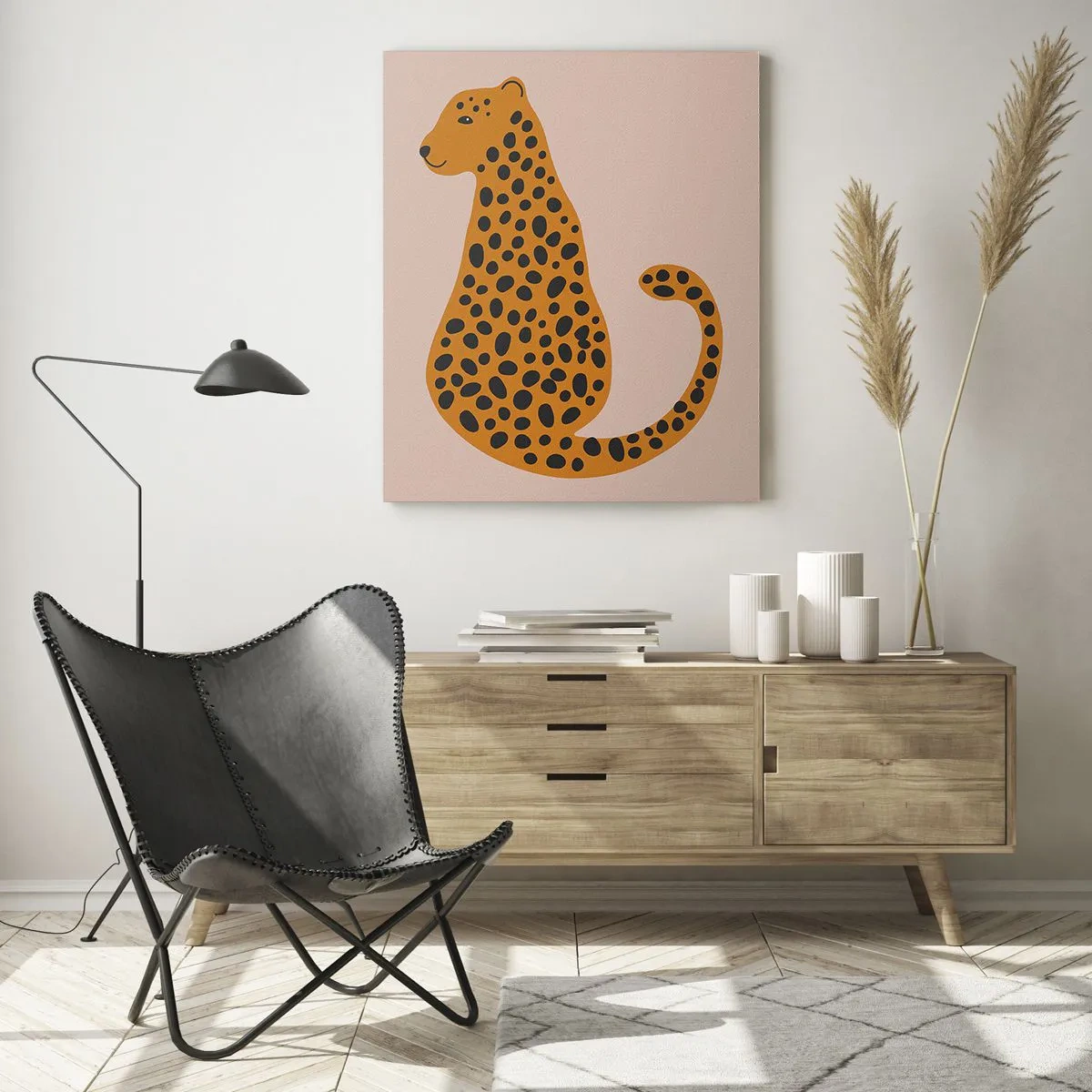 Impression sur verre - Image sur verre - Illustration d'une panthère avec des taches noires sur fond beige - 50x70cm - La panthère est un motif à la mode - Décoration murale moderne pour le salon et la chambre ARTTOR