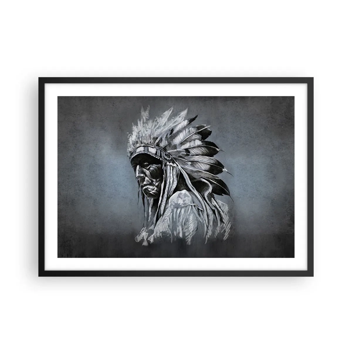 Affiche dans un cadre noir - Poster - Portrait d'un chef indien portant une coiffe traditionnelle - 70x50cm - Retour aux sources - Décoration murale moderne pour le salon et la chambre ARTTOR