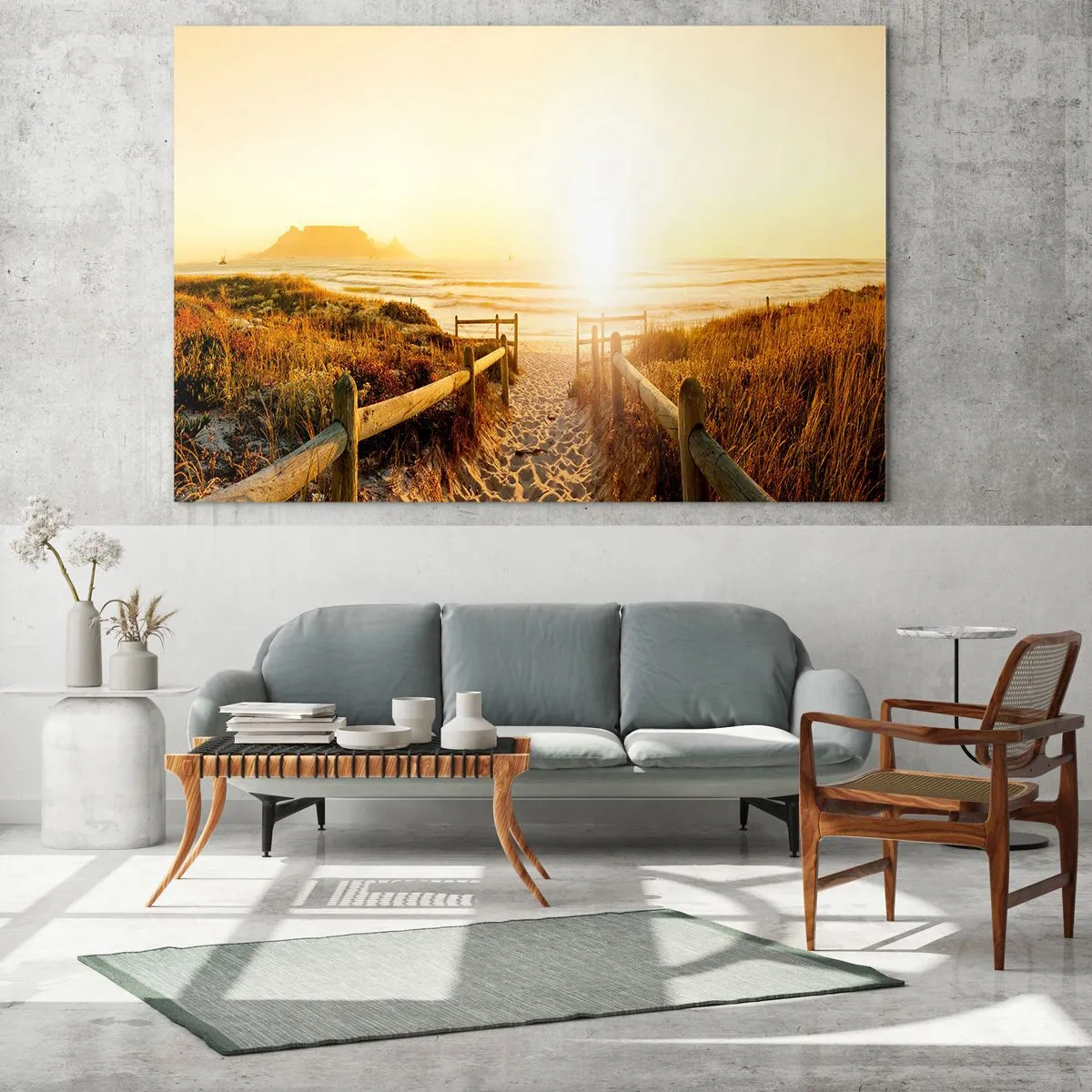 Impression sur verre - Image sur verre - Chemin sur la dune menant à la plage au coucher du soleil - 120x80cm - A travers la dune, vers le soleil - Décoration murale moderne pour le salon et la chambre ARTTOR