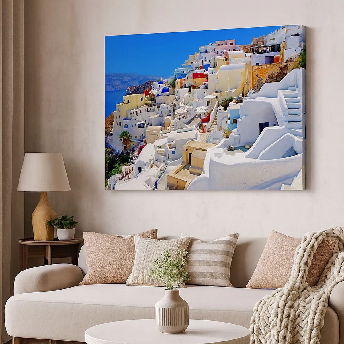 Impression sur toile - Image sur toile - Panorama de Santorin avec des maisons blanches et un ciel bleu - 70x50cm - Le rêve d'un été grec - Décoration murale moderne pour le salon et la chambre ARTTOR