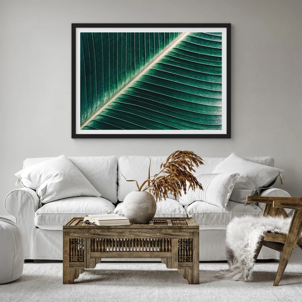 Affiche dans un cadre noir - Poster - Gros plan de la structure d'une feuille verte - 100x70cm - Le rythme de la nature - Décoration murale moderne pour le salon et la chambre ARTTOR