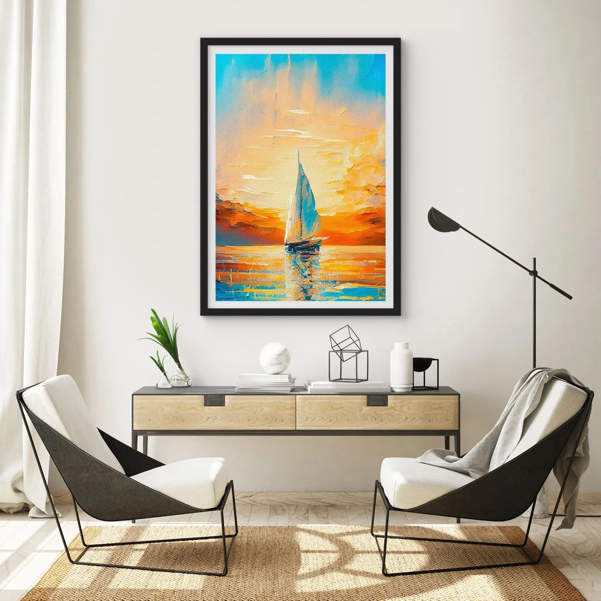 Affiche dans un cadre noir - Poster - Un voilier sur fond de coucher de soleil doré - 50x70cm - Expédition en or - Décoration murale moderne pour le salon et la chambre ARTTOR