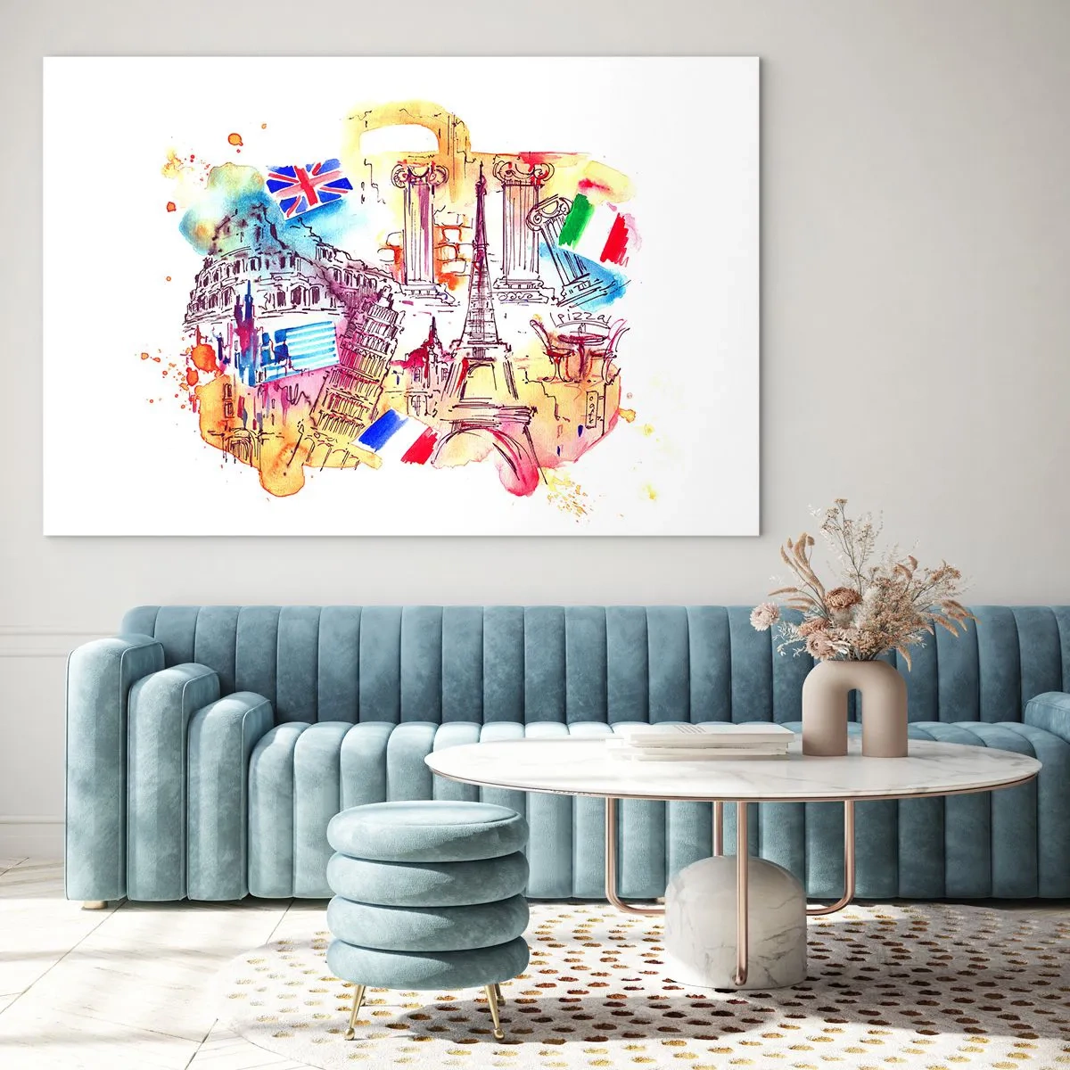 Impression sur verre - Image sur verre - Aquarelle de monuments européens avec drapeaux de pays - 120x80cm - Tournée européenne - Décoration murale moderne pour le salon et la chambre ARTTOR