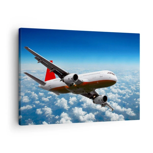 Impression sur toile - Image sur toile - Un avion de ligne volant au-dessus des nuages contre un ciel bleu. - 70x50cm - Éloignez-vous de tout - Décoration murale moderne pour le salon et la chambre ARTTOR
