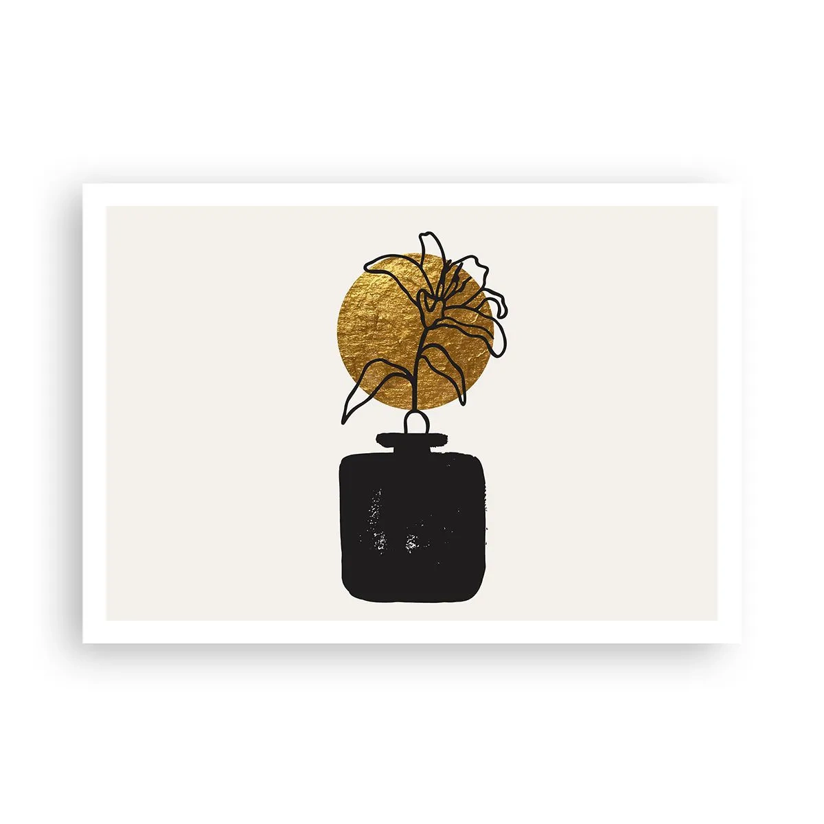 Affiche - Poster - Un dessin d'une fleur dans un vase sur un fond de cercle doré - 100x70cm - La beauté vaut son pesant d'or - Décoration murale moderne pour le salon et la chambre ARTTOR
