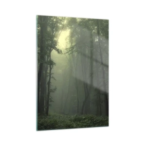 Impression sur verre - Image sur verre - Une forêt sombre enveloppée de brouillard avec des rayons de lumière - 50x70cm - Avant qu'il ne se réveille - Décoration murale moderne pour le salon et la chambre ARTTOR
