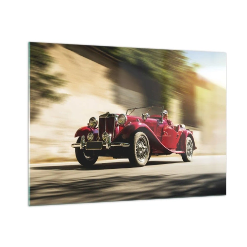Impression sur verre - Image sur verre - Cabriolet rouge classique en mouvement sur fond de rue et de paysage flou - 100x70cm - Plus belle que Nike de Samothrace - Décoration murale moderne pour le salon et la chambre ARTTOR