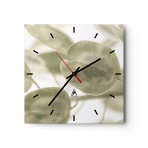 Horloge murale - Pendule murale - Une peinture délicate de feuilles dans des tons pastel de vert sur un fond clair. - 30x30cm - Au commencement il y avait des feuilles... - Décoration murale moderne pour le salon et la chambre ARTTOR
