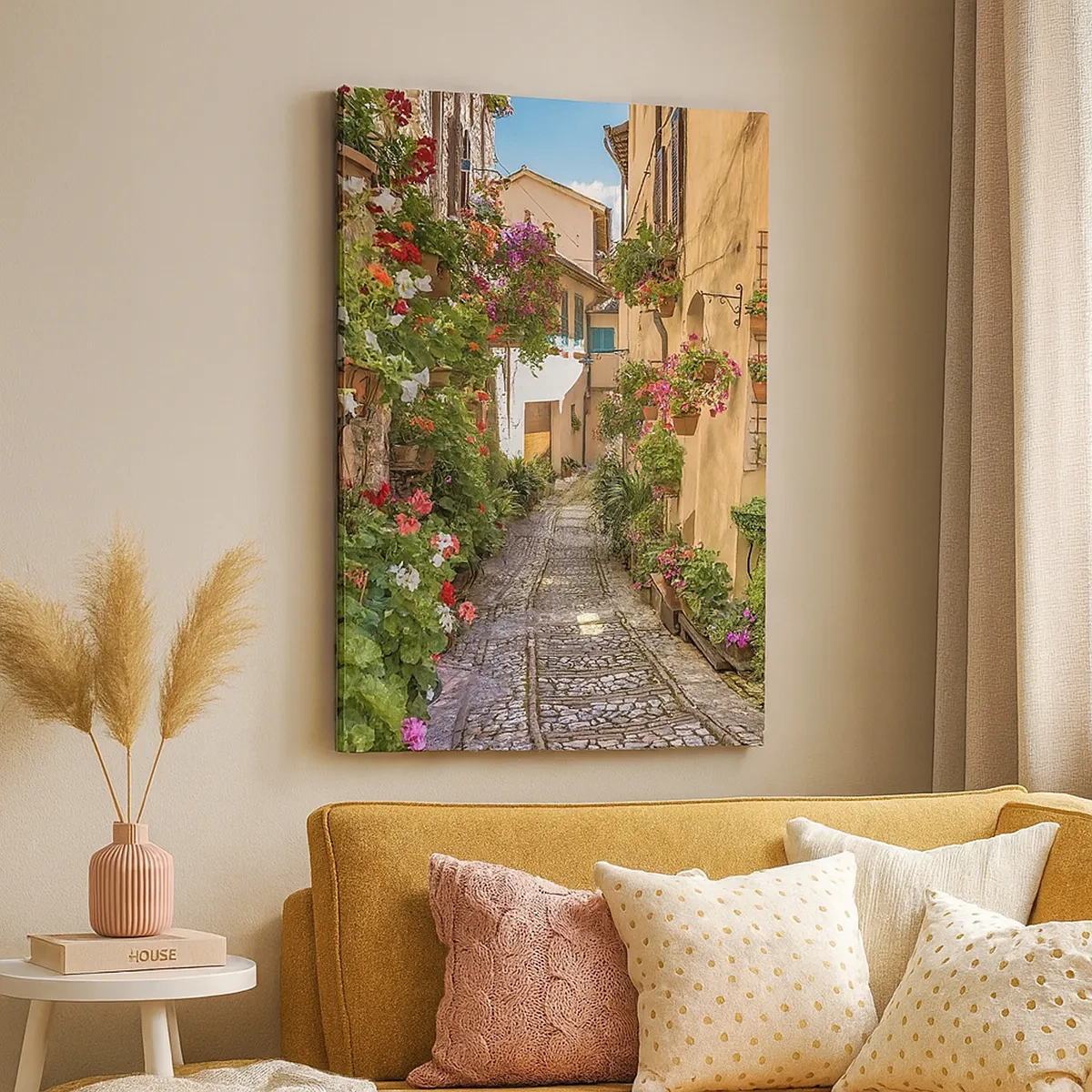 Impression sur toile - Image sur toile - Une charmante rue pleine de fleurs et de pots de fleurs - 50x70cm - Ruelle italienne - Décoration murale moderne pour le salon et la chambre ARTTOR