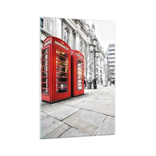 Impression sur verre - Image sur verre - Cabines téléphoniques rouges sur fond de paysage urbain - 70x100cm - Welcome to London - Décoration murale moderne pour le salon et la chambre ARTTOR