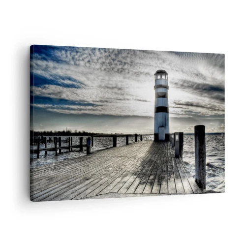 Impression sur toile - Image sur toile - Phare sur une jetée en bois surplombant la mer. - 70x50cm - Marins, je vous attend - Décoration murale moderne pour le salon et la chambre ARTTOR