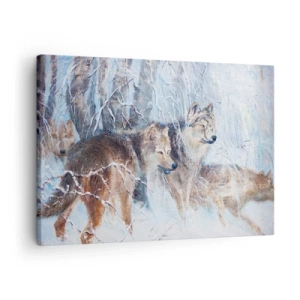 Impression sur toile - Image sur toile - Loups dans une forêt hivernale sur fond de neige - 70x50cm - Attention! Ca arrive ... - Décoration murale moderne pour le salon et la chambre ARTTOR