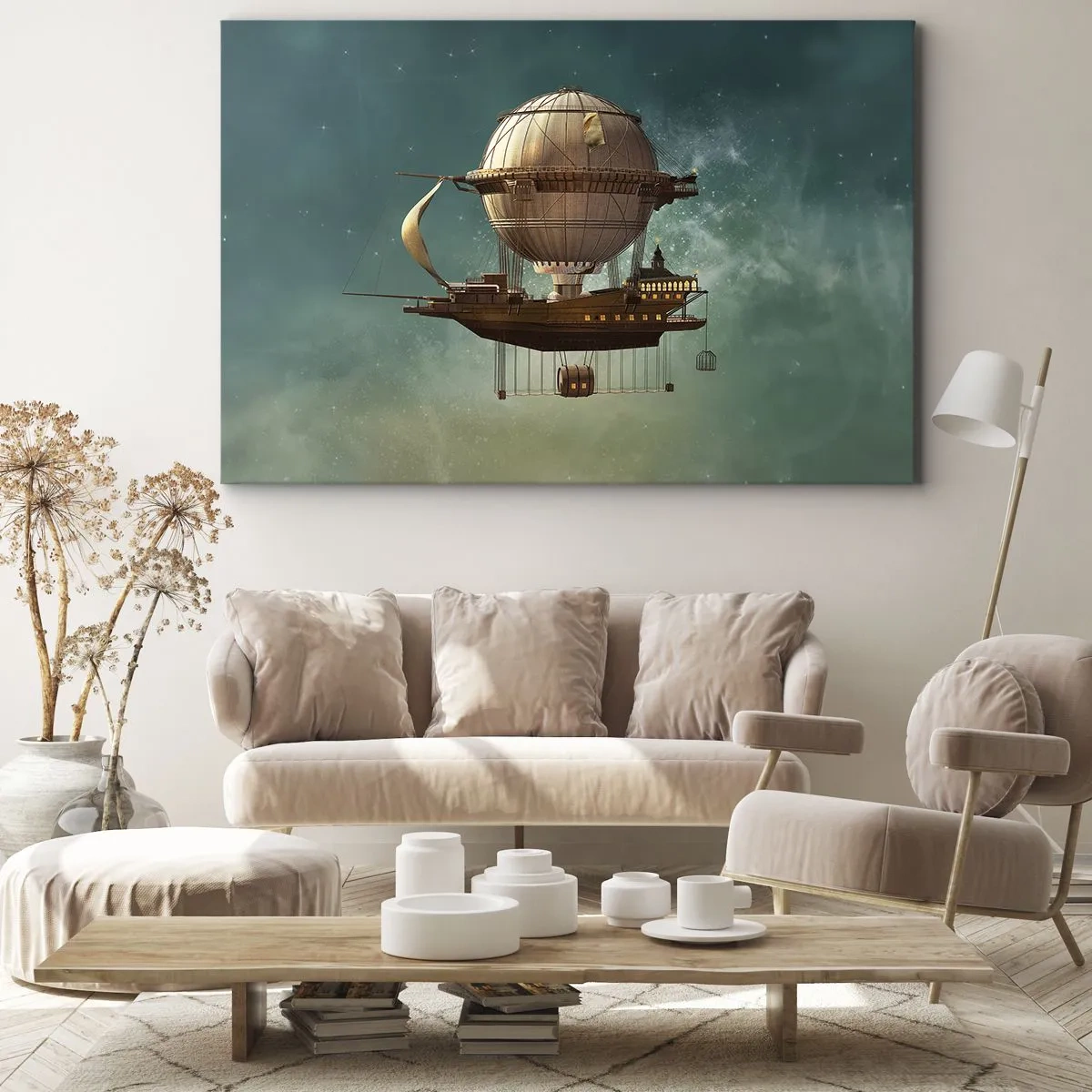 Impression sur toile - Image sur toile - Un dirigeable fantastique contre le ciel verdâtre - 120x80cm - Jules Verne vous salue - Décoration murale moderne pour le salon et la chambre ARTTOR