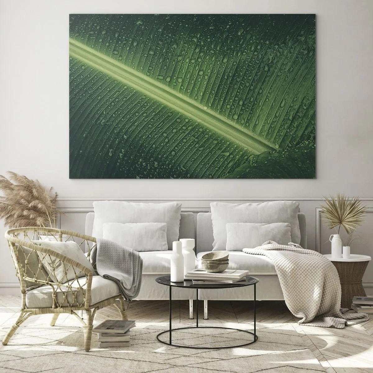 Impression sur verre - Image sur verre - Gros plan d'une feuille verte avec des gouttes d'eau - 120x80cm - Structure de vert - Décoration murale moderne pour le salon et la chambre ARTTOR