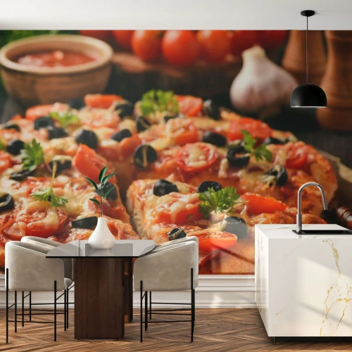 Papier Peint Photo Standard Eco - Tu t'en es encore tiré - La gastronomie, Pizza, Tomate - 150x105 cm