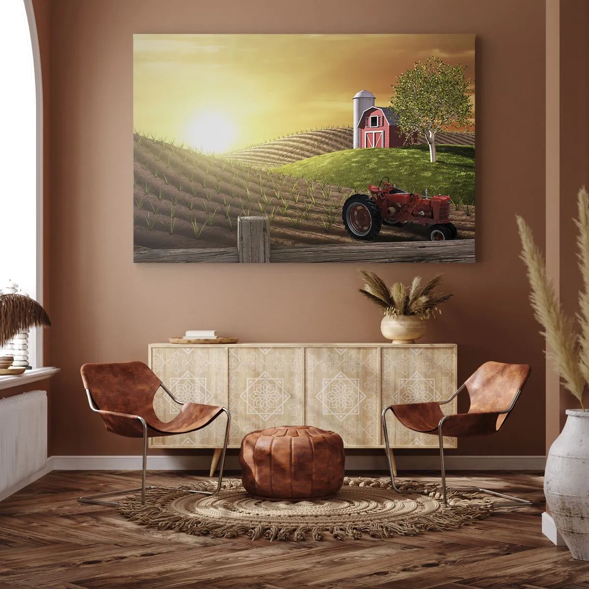 Impression sur toile - Image sur toile - Paysage rural avec une grange rouge, un tracteur et un lever de soleil - 100x70cm - Une ferme comme dans un conte de fées - Décoration murale moderne pour le salon et la chambre ARTTOR