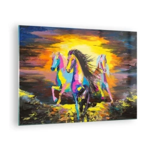 Impression sur verre - Image sur verre - Chevaux colorés galopant sur fond de coucher de soleil - 70x50cm - Immergé dans l'arc-en-ciel - Décoration murale moderne pour le salon et la chambre ARTTOR
