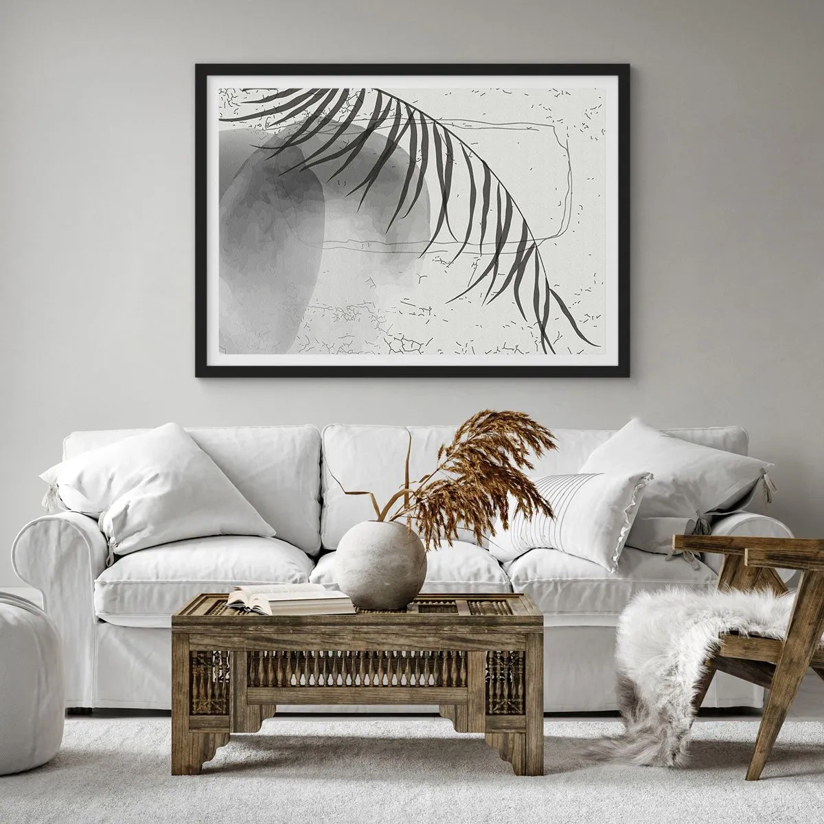 Affiche dans un cadre noir - Poster - Un délicat motif de feuille de palmier sur un fond clair dans un style scandinave. - 100x70cm - L'exotisme subtil de la nature - Décoration murale moderne pour le salon et la chambre ARTTOR