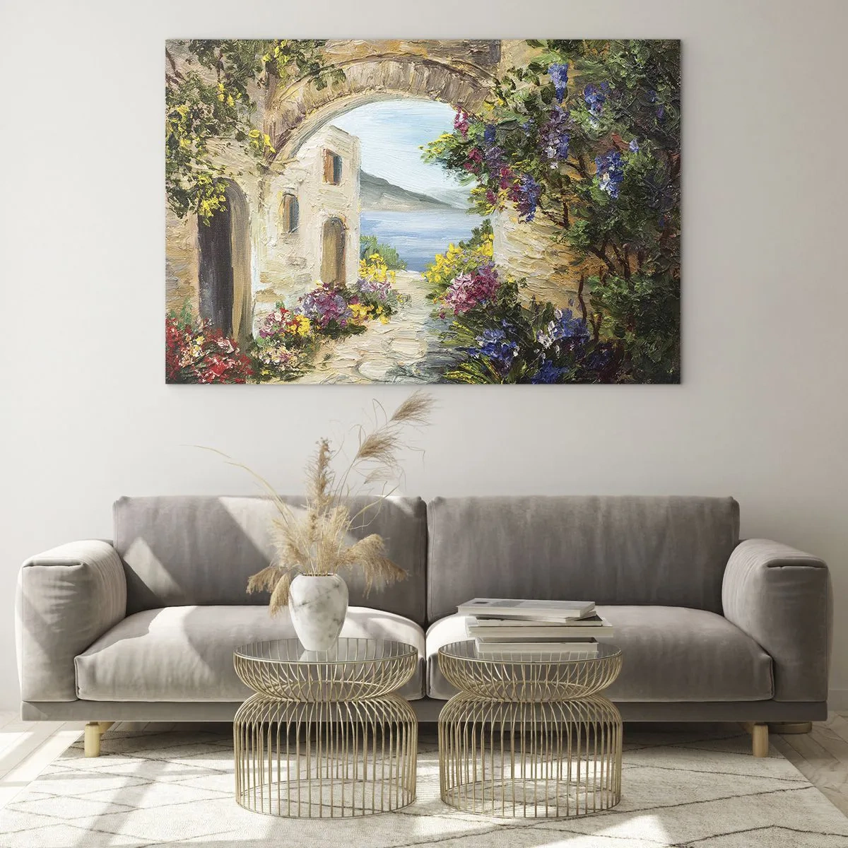 Impression sur verre - Image sur verre - Une rue pittoresque avec vue sur le lac - 120x80cm - Le charme d'une province côtière - Décoration murale moderne pour le salon et la chambre ARTTOR