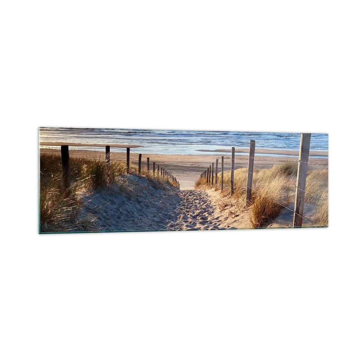 Impression sur verre - Image sur verre - Chemin à travers les dunes menant à la plage - 160x50cm - Le bruit de la mer, le chant des oiseaux, une plage sauvage parmi les herbes… - Décoration murale moderne pour le salon et la chambre ARTTOR