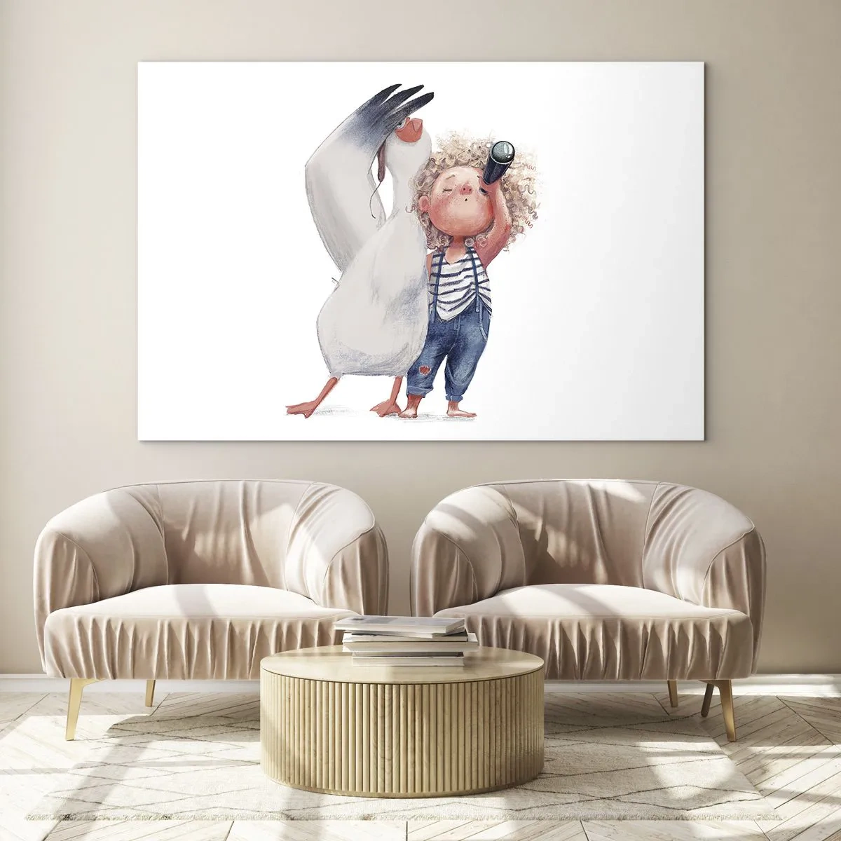Impression sur verre - Image sur verre - Bébé avec des jumelles et une cigogne dans un style d'illustration amusant - 70x50cm - Plan de grand voyage - Décoration murale moderne pour le salon et la chambre ARTTOR