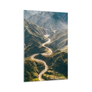 Impression sur verre - Image sur verre - Un paysage de montagne avec une route sinueuse parmi des collines verdoyantes - 70x100cm - Directement du coeur des montagnes - Décoration murale moderne pour le salon et la chambre ARTTOR
