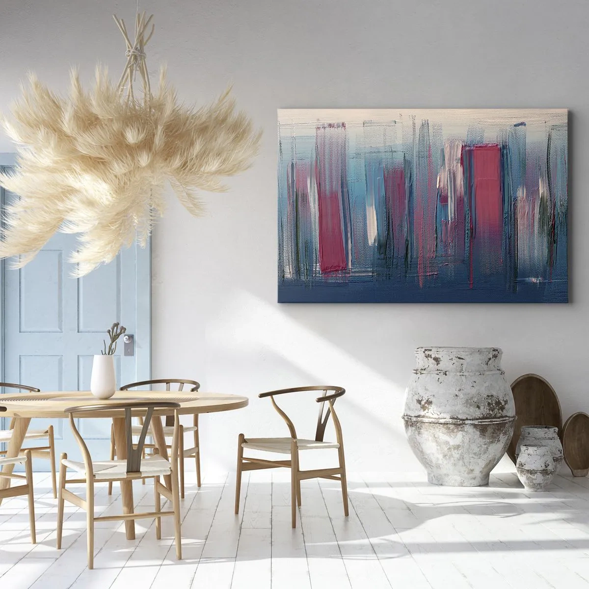 Impression sur toile - Image sur toile - Formes verticales abstraites dans des tons de bleu et de rouge - 70x50cm - Composition verticale en bleu et rouge - Décoration murale moderne pour le salon et la chambre ARTTOR