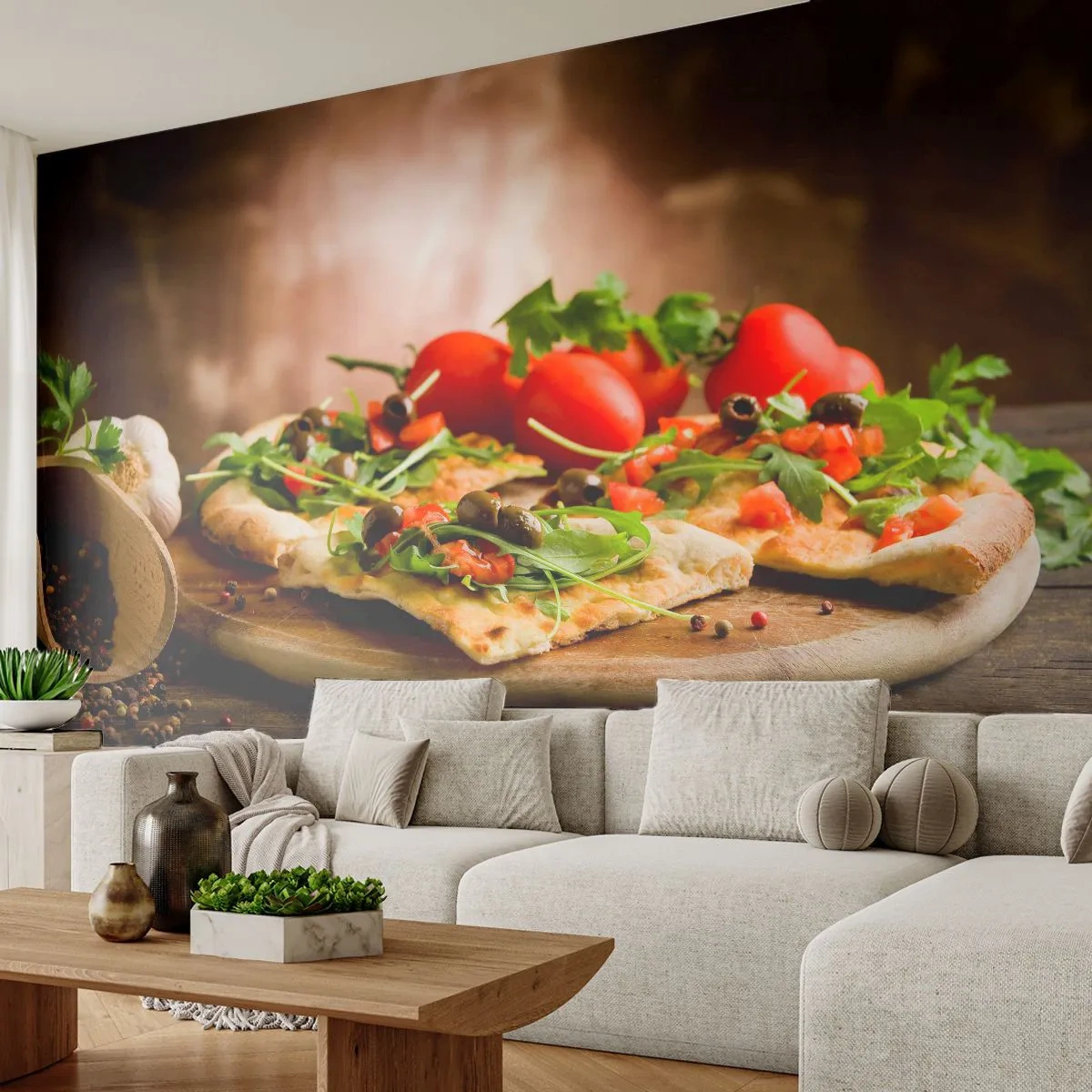 Papier Peint Photo Premium Canvas - Directement du four et du jardin - La gastronomie, Pizza, Italie - 250x175 cm
