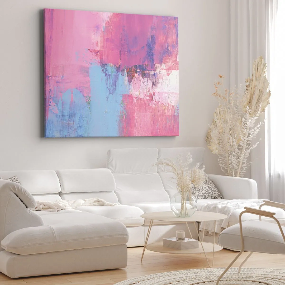 Impression sur toile - Image sur toile - Composition abstraite en rose et bleu - 100x70cm - Du rose, du bleu et une pincée de lumière - Décoration murale moderne pour le salon et la chambre ARTTOR