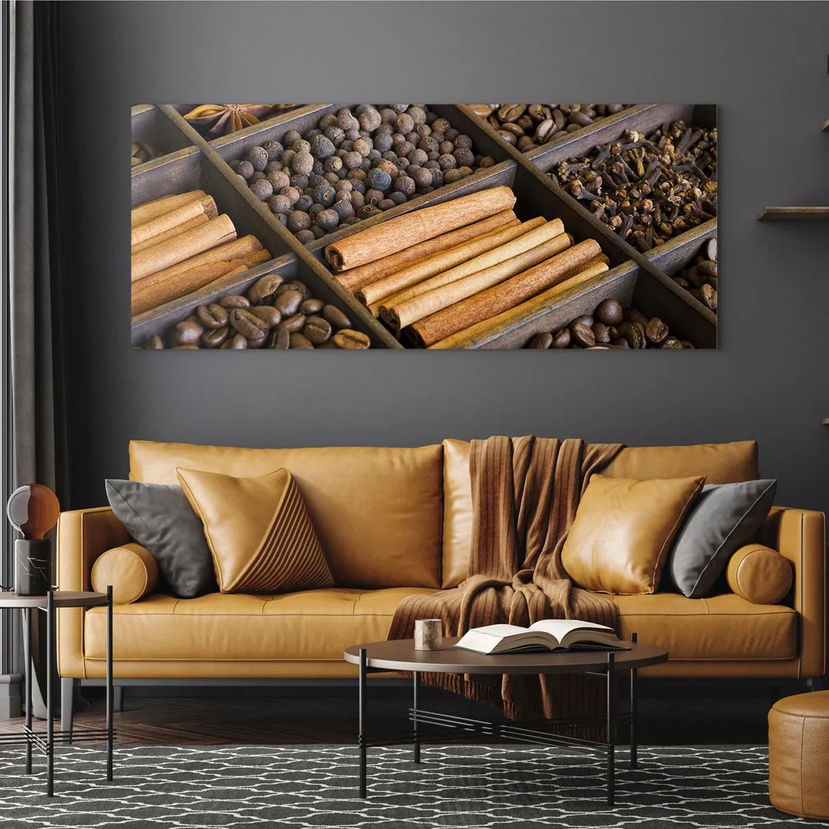 Impression sur verre - Image sur verre - Épices et café dans des compartiments en bois - 140x50cm - Trésor d'arômes - Décoration murale moderne pour le salon et la chambre ARTTOR