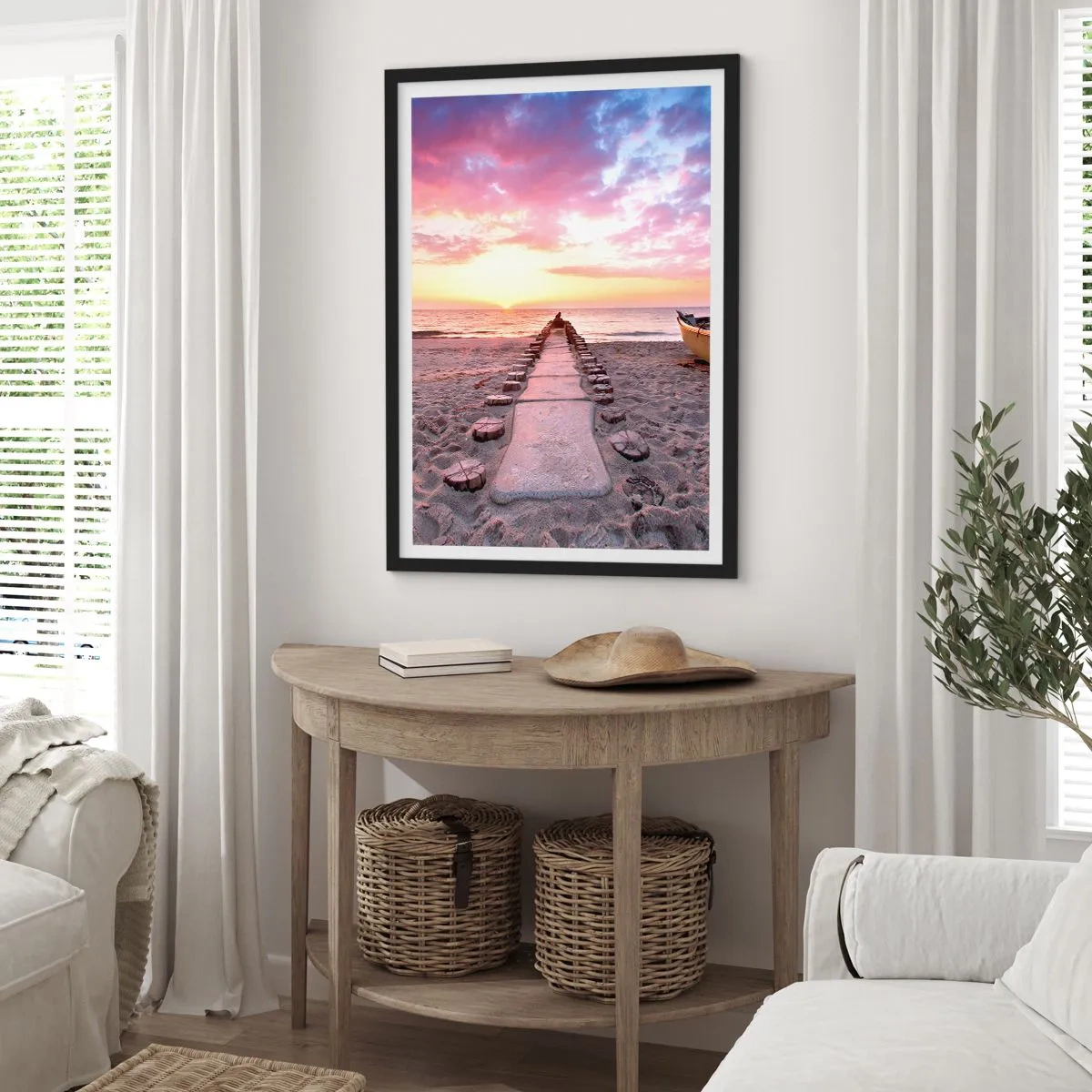 Affiche dans un cadre noir - Poster - Chemin de plage au coucher du soleil - 50x70cm - Moment d'expérience profonde - Décoration murale moderne pour le salon et la chambre ARTTOR