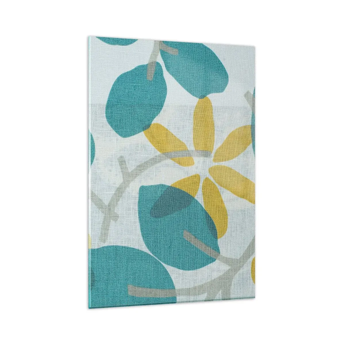 Impression sur verre - Image sur verre - Feuilles aux tons turquoise et jaune sur fond clair - 80x120cm - Wśród lazurowych liści - Décoration murale moderne pour le salon et la chambre ARTTOR
