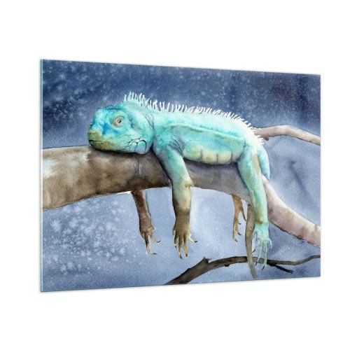 Impression sur verre - Image sur verre - Iguane bleu couché sur une branche dans un style aquarelle - 100x70cm - Tout va bien! - Décoration murale moderne pour le salon et la chambre ARTTOR