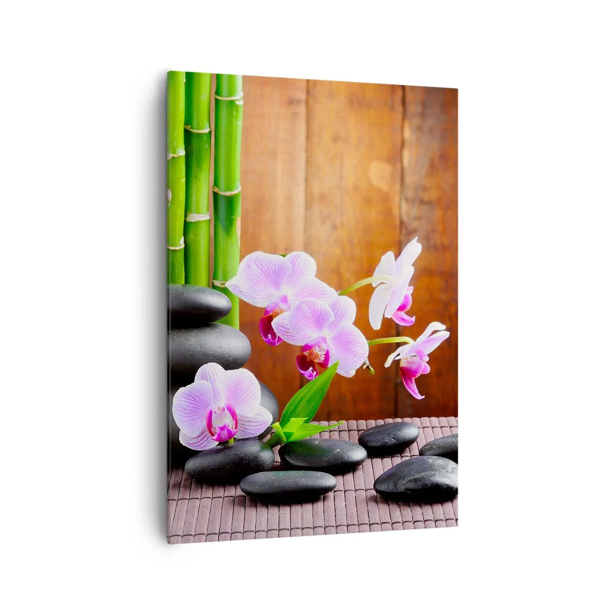 Impression sur toile - Image sur toile - Bambou de style zen, pierres et orchidées roses sur fond de bois - 70x100cm - Rencontrez les plaisirs de l'est - Décoration murale moderne pour le salon et la chambre ARTTOR