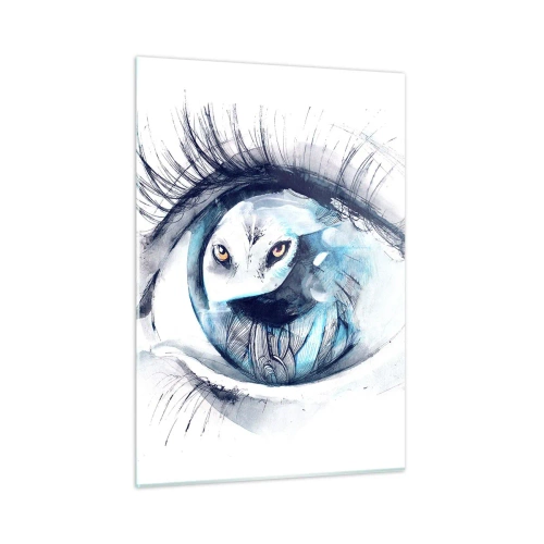 Impression sur verre - Image sur verre - Un œil de femme avec un motif de hibou dans un style aquarelle - 50x70cm - Face à face avec la nature sauvage - Décoration murale moderne pour le salon et la chambre ARTTOR