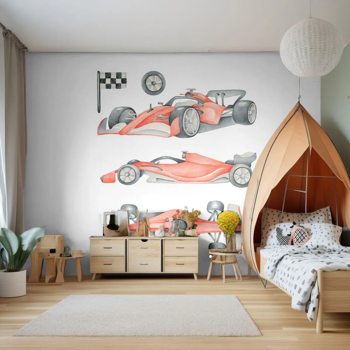 Papier Peint Photo Premium Sand - Une voiture de course rouge dans divers plans sur fond blanc - 100x70cm - poursuis ton rêve - Décoration murale moderne pour le salon et la chambre ARTTOR