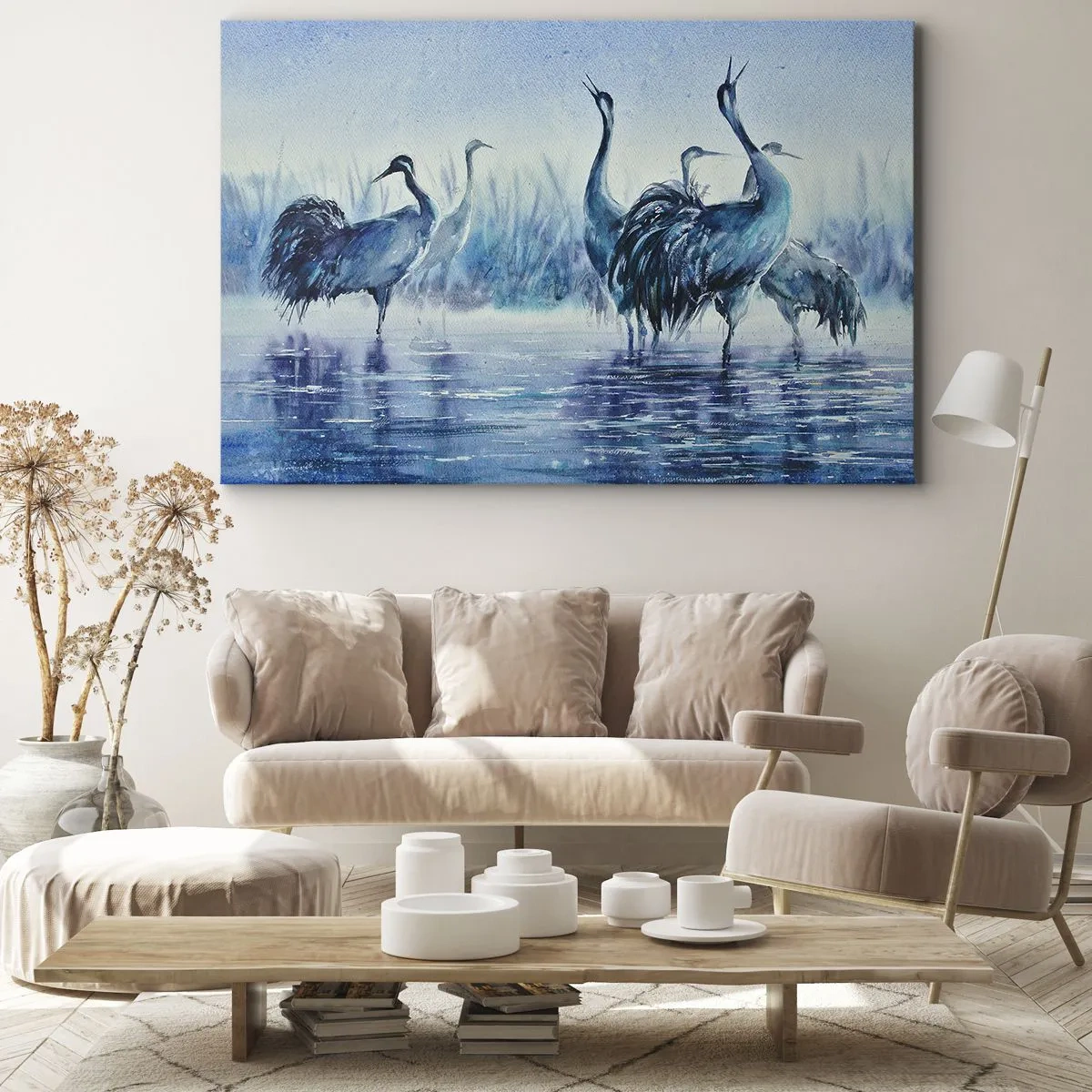 Impression sur toile - Image sur toile - Grues sur fond de brouillard et d'eau dans des tons bleus - 70x50cm - Réunion matinale - Décoration murale moderne pour le salon et la chambre ARTTOR