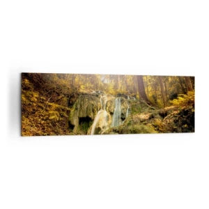 Impression sur toile - Image sur toile - Une cascade forestière sous les rayons du soleil, entourée de verdure - 160x50cm - Cascade de forêt en vert - Décoration murale moderne pour le salon et la chambre ARTTOR