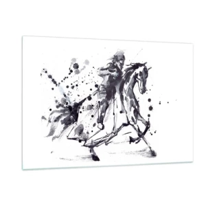 Impression sur verre - Image sur verre - Peinture en noir et blanc d'un cavalier sur un cheval dans un style abstrait - 120x80cm - Chevalier noir - Décoration murale moderne pour le salon et la chambre ARTTOR