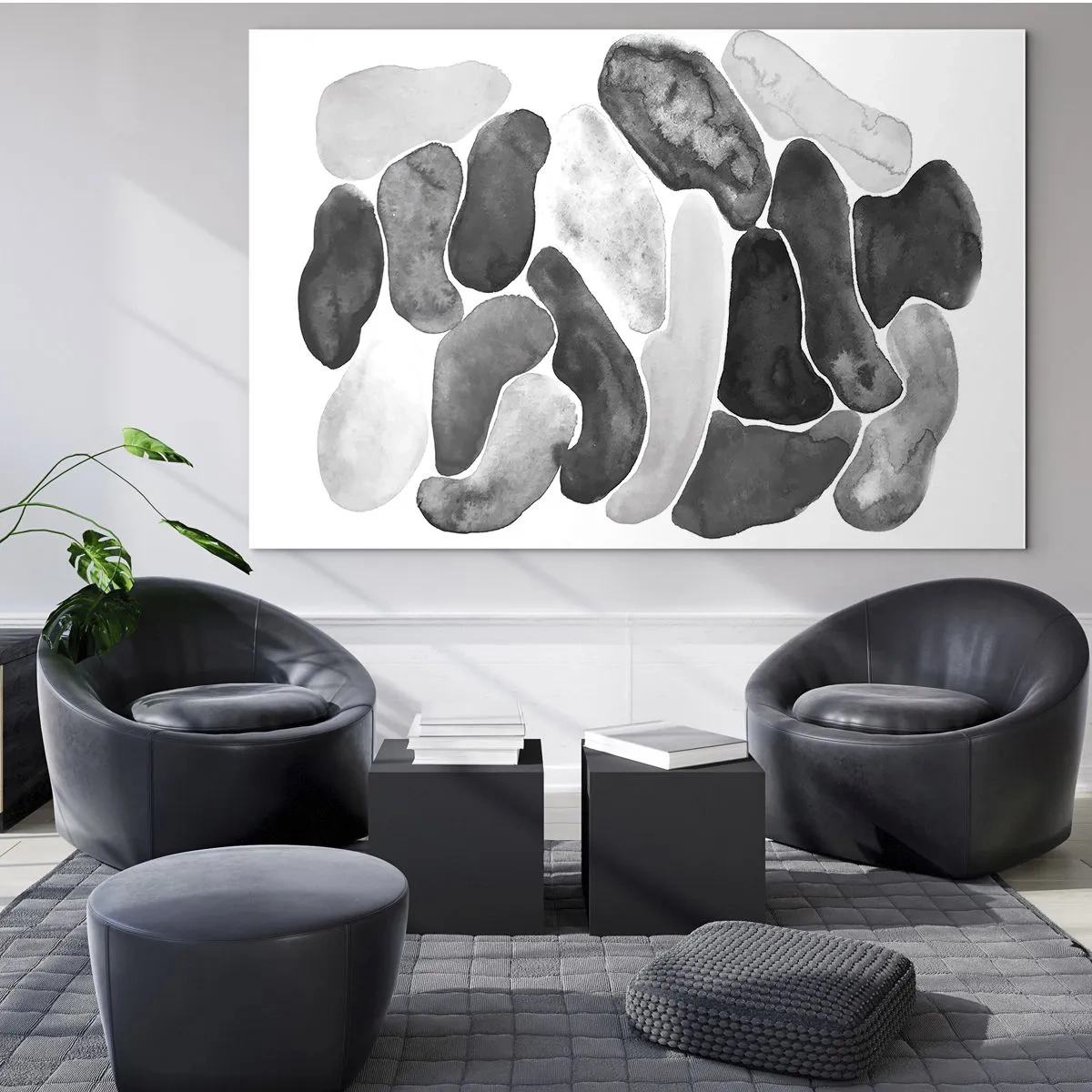 Impression sur verre - Image sur verre - Une composition en noir et blanc de formes abstraites ressemblant à des pierres. - 70x50cm - Abstraction rocheuse - Décoration murale moderne pour le salon et la chambre ARTTOR