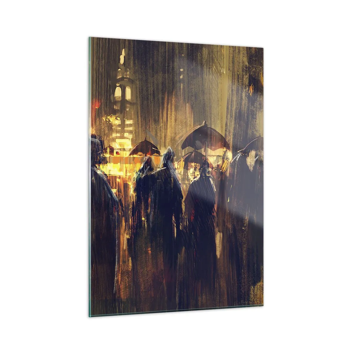 Impression sur verre - Image sur verre - Une foule avec des parapluies sous la pluie sur fond de lumières de la ville - 50x70cm - Adeptes de la pluie - Décoration murale moderne pour le salon et la chambre ARTTOR