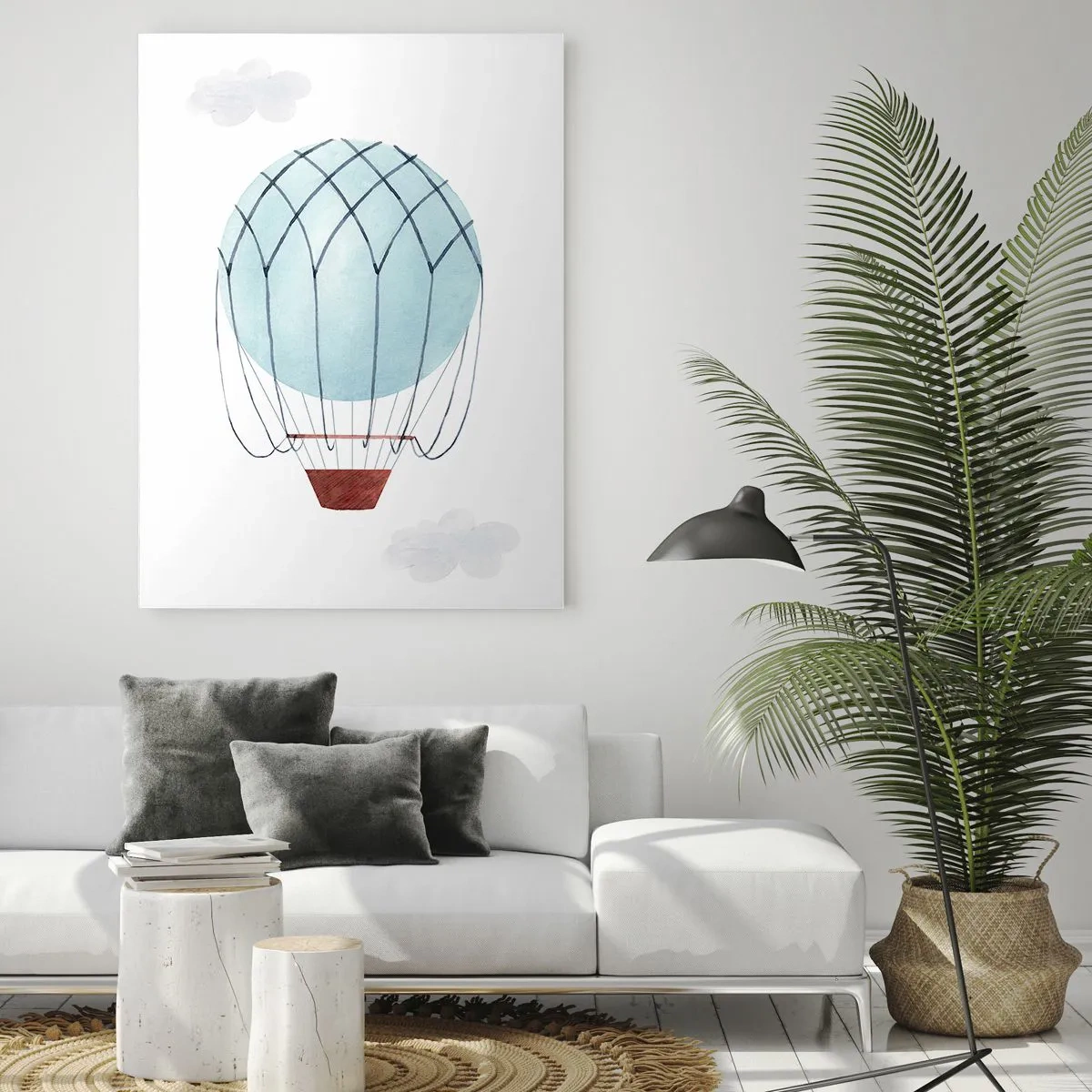 Impression sur verre - Image sur verre - Un ballon peint à la main sur fond de nuages délicats. - 80x120cm - Entièrement dans les nuages - Décoration murale moderne pour le salon et la chambre ARTTOR